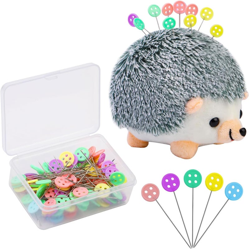 FTEVEN 100 Pieces Flat Head Straight Pins Hedgehog Pincushion Kit, Big Pincushion with Clear Storage Box and Quilting Pins, Colorful Head Straight Sewing Pins for Handicrafts DIY Sewing - Image 1